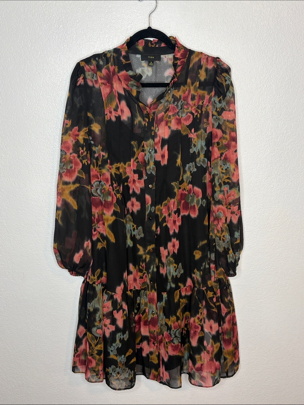 Maia Black Abstract Floral Sheer Overlay Drop Waist Boho Mini Dress Size 16